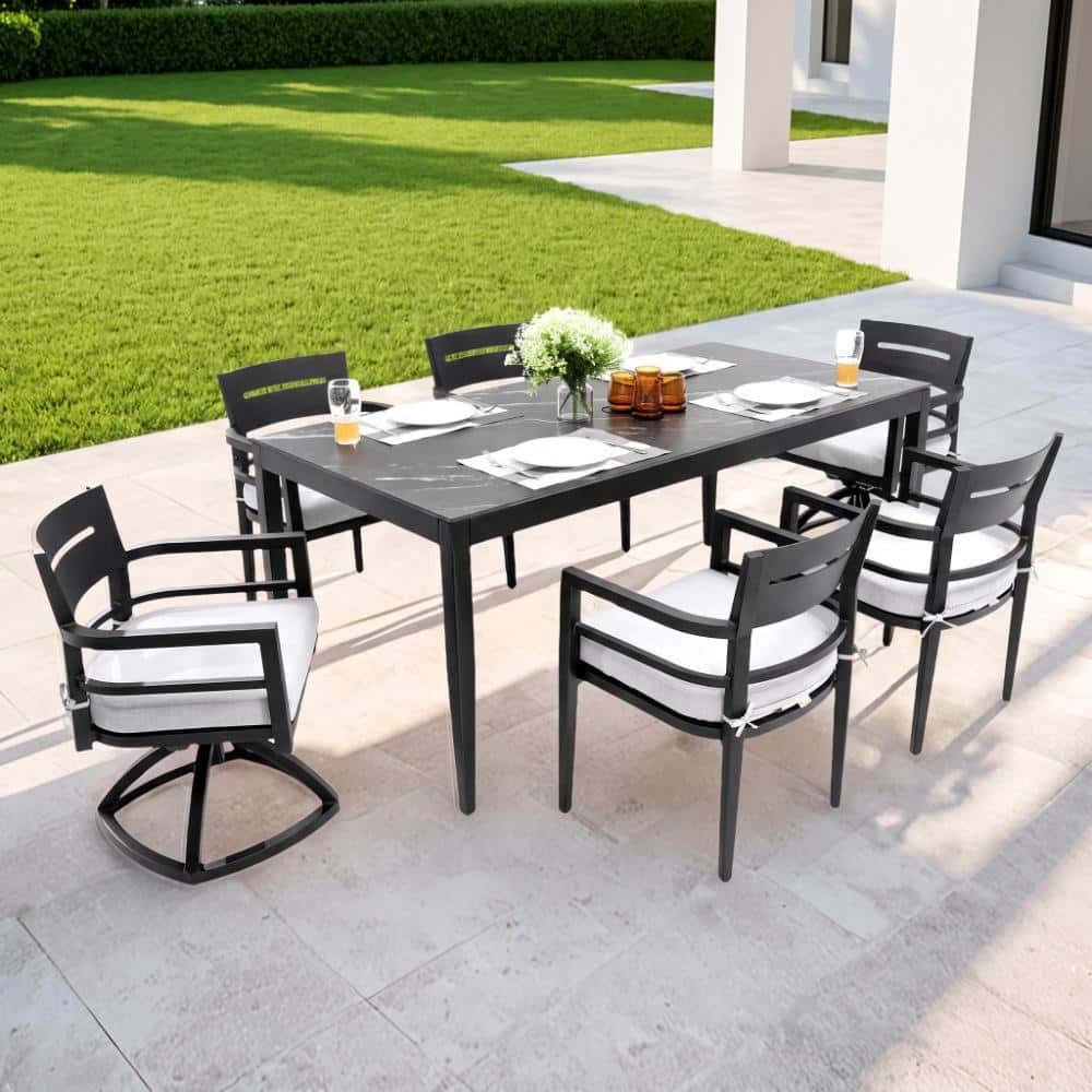 Black 7-Piece Aluminum Outdoor Dining Set, Rectangular Marble-Look Table&4 Chairs & 2 Swivel Rockers with Gray Cushions price history on PriceWatchPro