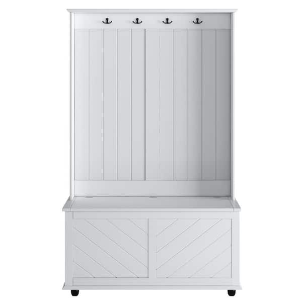White Hall Tree with 4Hookers, Entryway Bench, 3 in 1 Design ZY