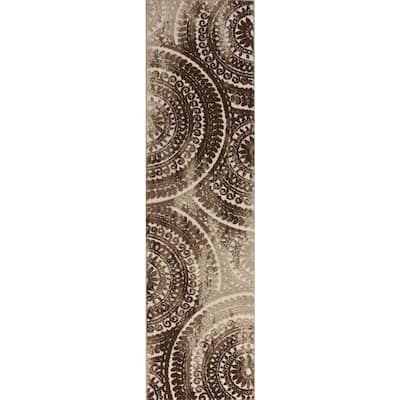 Spiral Medallion Ivory/Brown 2 ft. x 7 ft. Geometric Runner Rug