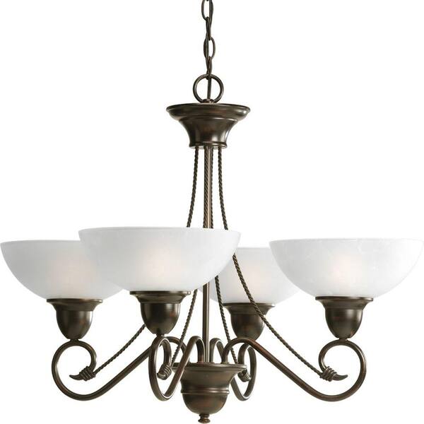 Progress Lighting Pavilion Collection 4-Light Antique Bronze Chandelier with Shade with Etched Watermark Glass Shade