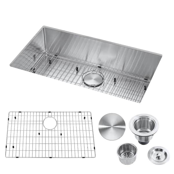 Akicon 18-Gauge Stainless Steel 32 in. Single Bowl Undermount Kitchen Sink with Strainer and Bottom Grid