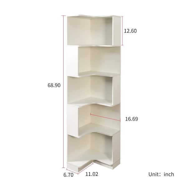 Nathan 68.9 in. Tall White Wood 5-Shelf Accent Storage Bookcase with Baffle, Led Lights
