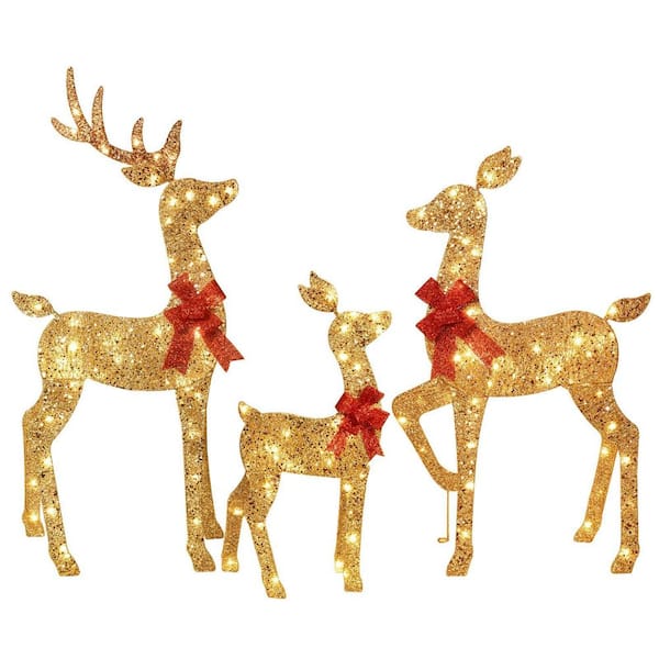 3-Piece Gold 2D Lighted Christmas Displays, Deer Family Set with 145 LED Lights, Ornaments for Outdoor Decoration