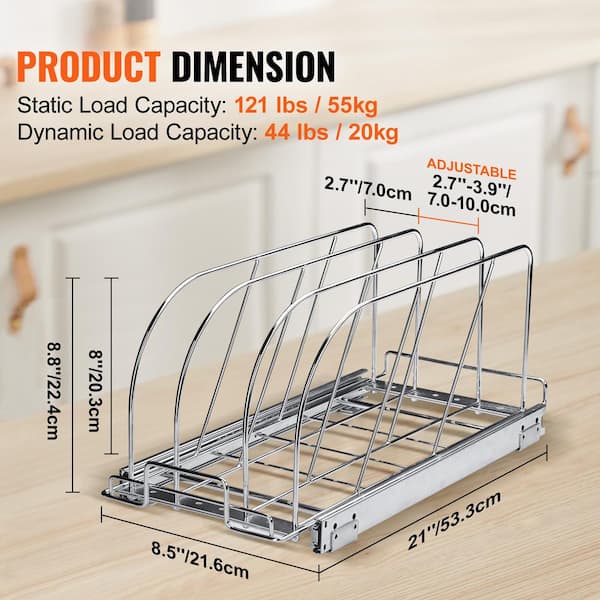 VEVOR Pan and Pot Rack 8.5 in. W Expandable Pull Out Under Cabinet Organizer Adjustable Wire Dividers Standing Pot Racks