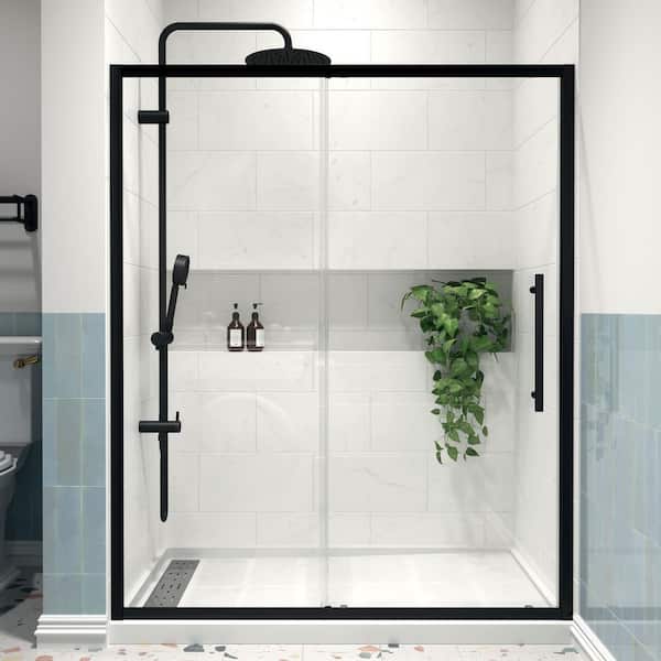 Modern 60 in. W x 72 in. H Sliding Semi-Frameless Shower Door in Matte Black Finish with 1/4 in. (6mm) Clear Glass