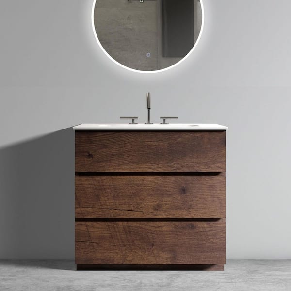 JimsMaison 35.82 in. W x 18.30 in. D x 32.96 in. H Single Sink Freestanding Bath Vanity in Walnut with White Ceramic Top