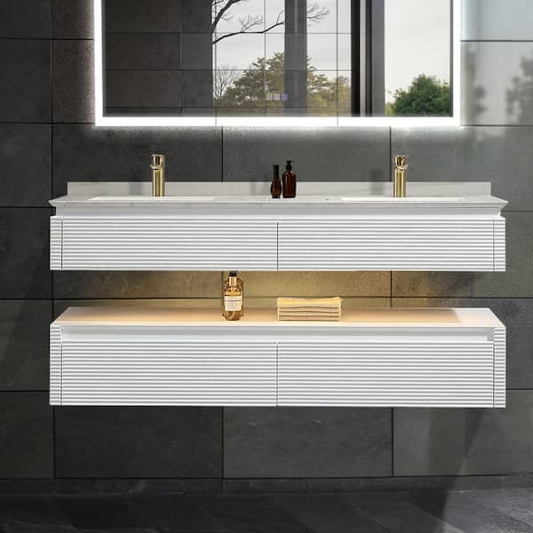 Lonni 60 in. W X 20.7 in. D X 19.6 in. H Double Floating Sink Solid Wood Bath Vanity in White with White Marble Top and Lights