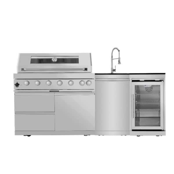 43 in. 6-Burner 85000 BTU Natural Gas Patio Kitchen BBQ Grill Island in Stainless Steel Granite Countertop Sink & Faucet