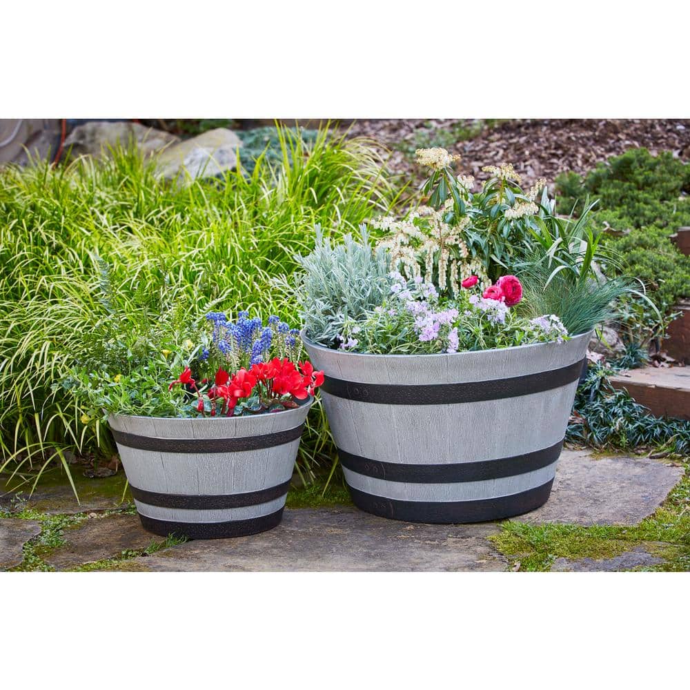 Birchwood Finish Resin Whiskey Barrel Planter, 22.5 inch