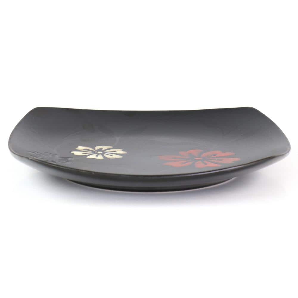 Black Ceramic Square Salad Plates with Floral Design, Set of 4