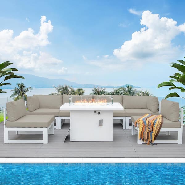 NICESOUL 7-Piece Patio White Metal Conversation Sectional Set, Fire Pit Table and Beige Cushions