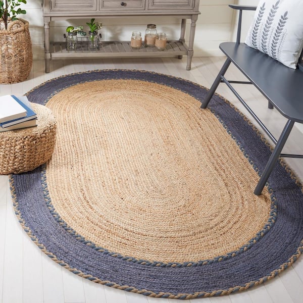 Natural Fiber Beige/Dark Gray 6 ft. x 9 ft. Border Woven Oval Area Rug