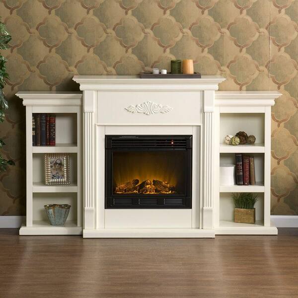 Southern Enterprises Tennyson 70 in. Electric Fireplace in Ivory with Bookcases