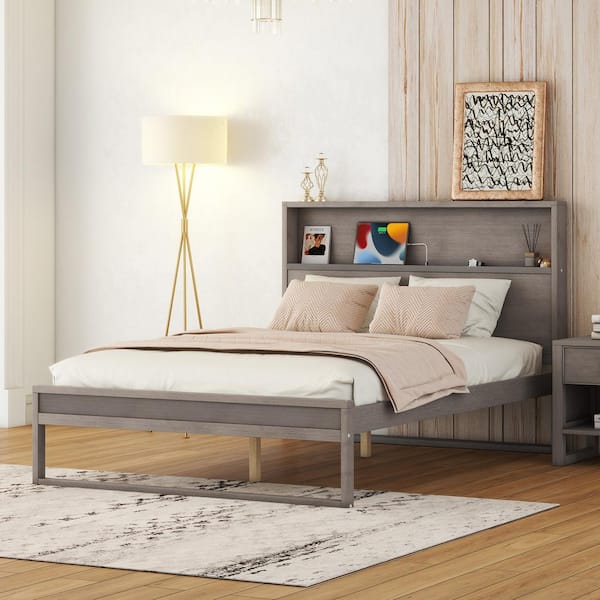 Harper & Bright Designs Antique Gray Wood Frame Full Size Platform Bed with Storage Headboard, Sockets and USB Ports