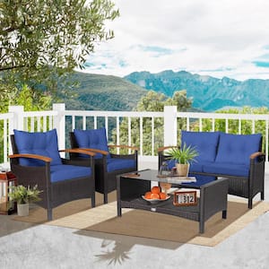 4-Piece Patio Rattan Furniture Set w/Cushioned Sofa and Coffee Table Navy