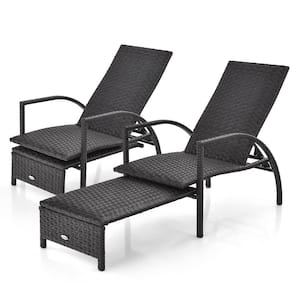 2-PCS Mix Brown Outdoor Chaise Lounge Rattan Recliner w/Retractable Ottoman for Patio
