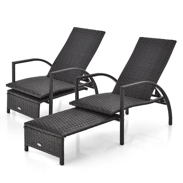 Gymax 2-PCS Mix Brown Outdoor Chaise Lounge Rattan Recliner w/Retractable Ottoman for Patio