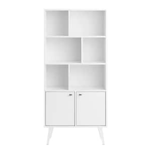 Milo 62.25 in. Tall White 6-Shelf Engineered Wood Mid-Century Modern Off-Set Bookcase w/ Two Doors, Brushed Brass Knobs
