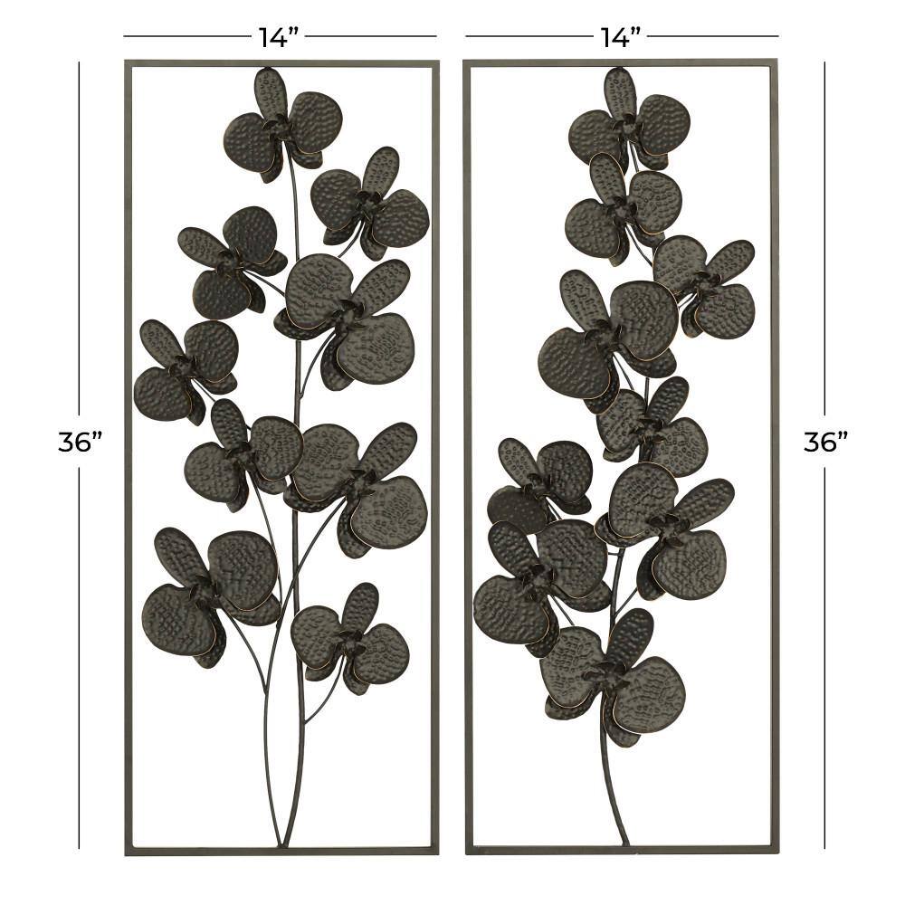 Elegant Black Orchid Metal Wall Sculpture Set, 14"W x 36"H