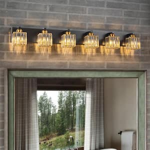 Orillia 43.3 in. 6-Light Black and Gold Bathroom Vanity Light with Crystal Shades
