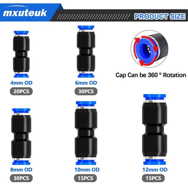 4 mm to 12 mm Metric Push-to-Connect Union Air Line Fittings Kit Blue (110-Pack)