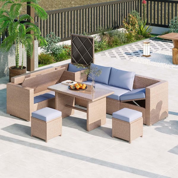 6-Piece Natural Wicker Patio Outdoor Sectional Sofa Set with Blue Cushions and 1-Tempered Glass Top Table