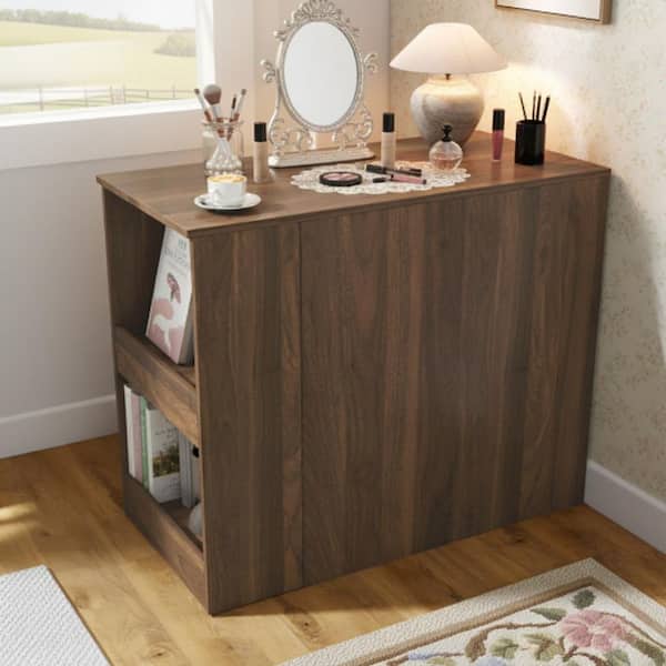 ABNOK 1-Piece Chestnut Brown Makeup Vanity Table with 2 Drawers, 2-Tier Storage Shelf and Foldable Design