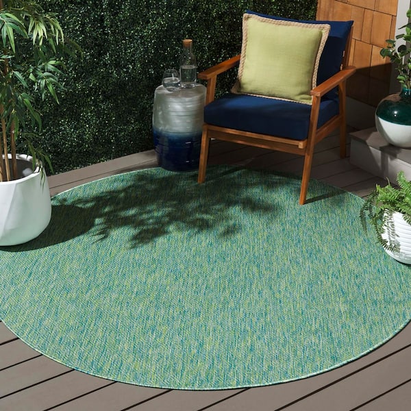 Courtyard Green/Blue 4 ft. x 4 ft. Solid Color Distressed Indoor/Outdoor Round Area Rug