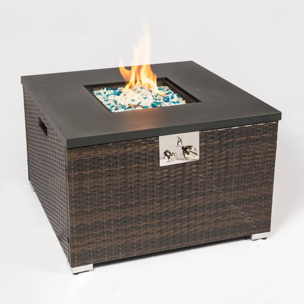 Outdoor Gas Fire Pit Square Dark Brown Wicker Fire Pit Table Propane Fire T