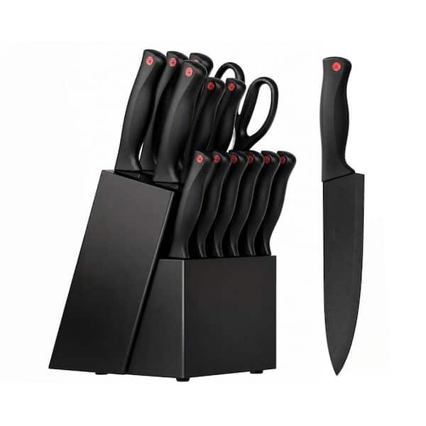 15-Piece Stainless Steel Knife Set with Knife Block and Built-in Sharpener, Black