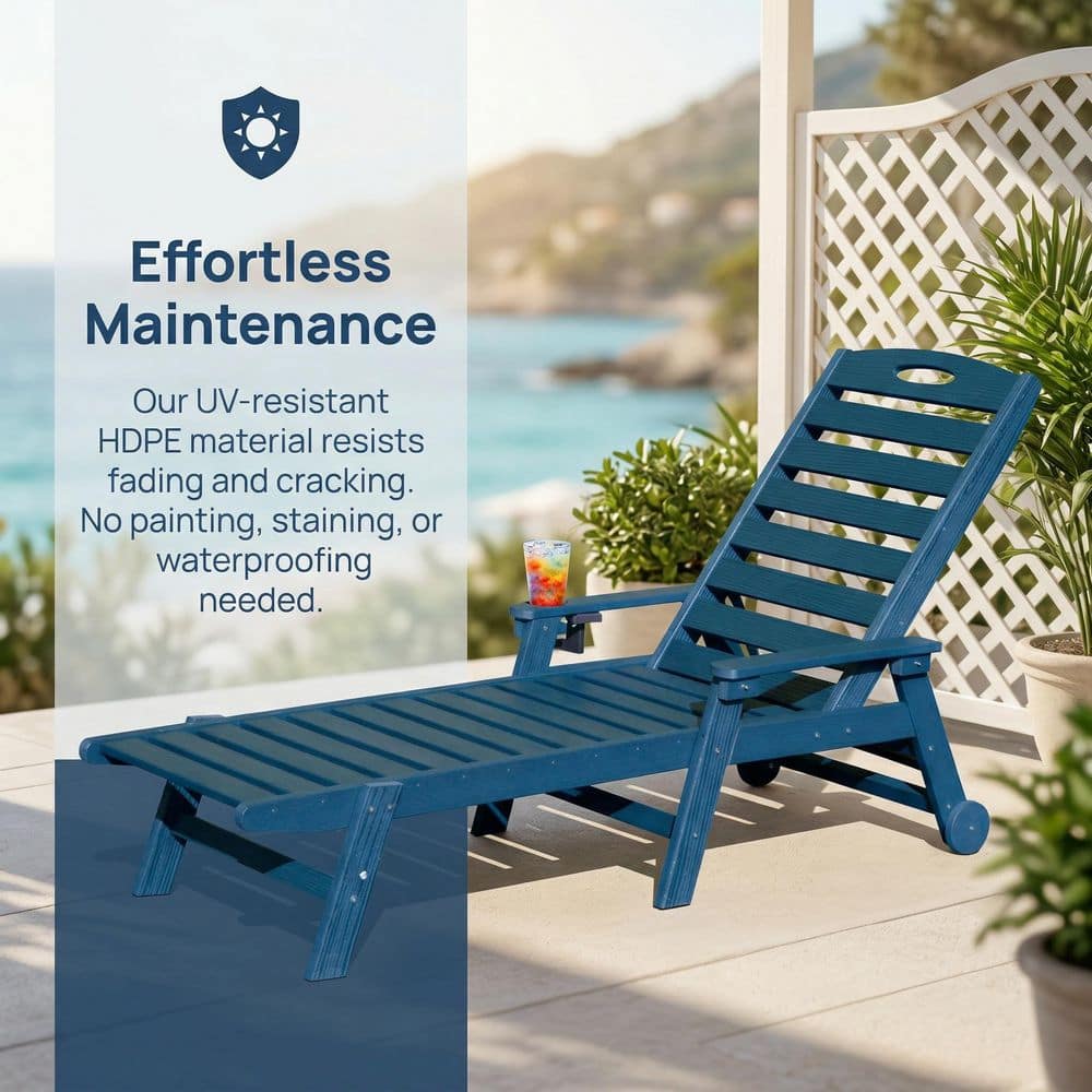 Blue outdoor lounge chair in a sunny outdoor setting showing its water-resistant material.