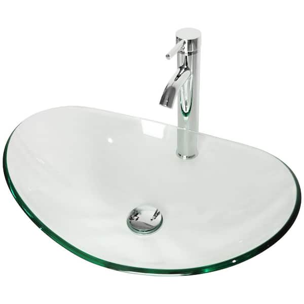 cadeninc Bathroom Tempered Clear Glass Oval Vessel Sink with Chrome Faucet and Pop-Up Drain