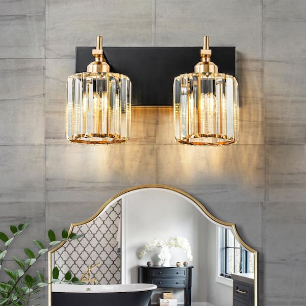 EDISLIVE Orillia 12.6 in. 2-Light Black and Gold Bathroom Vanity Light with Crystal Shade Wall Sconce Over Mirror