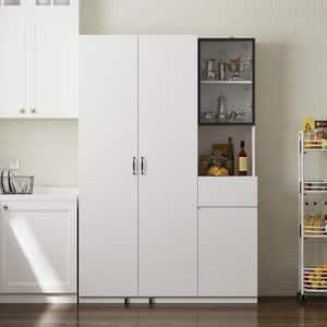 White Wood 47.2 in. W Kitchen Buffet Sideboard Kitchen Cabinet, with Double Doors, Rotating Storage Racks, Hutch, Lights