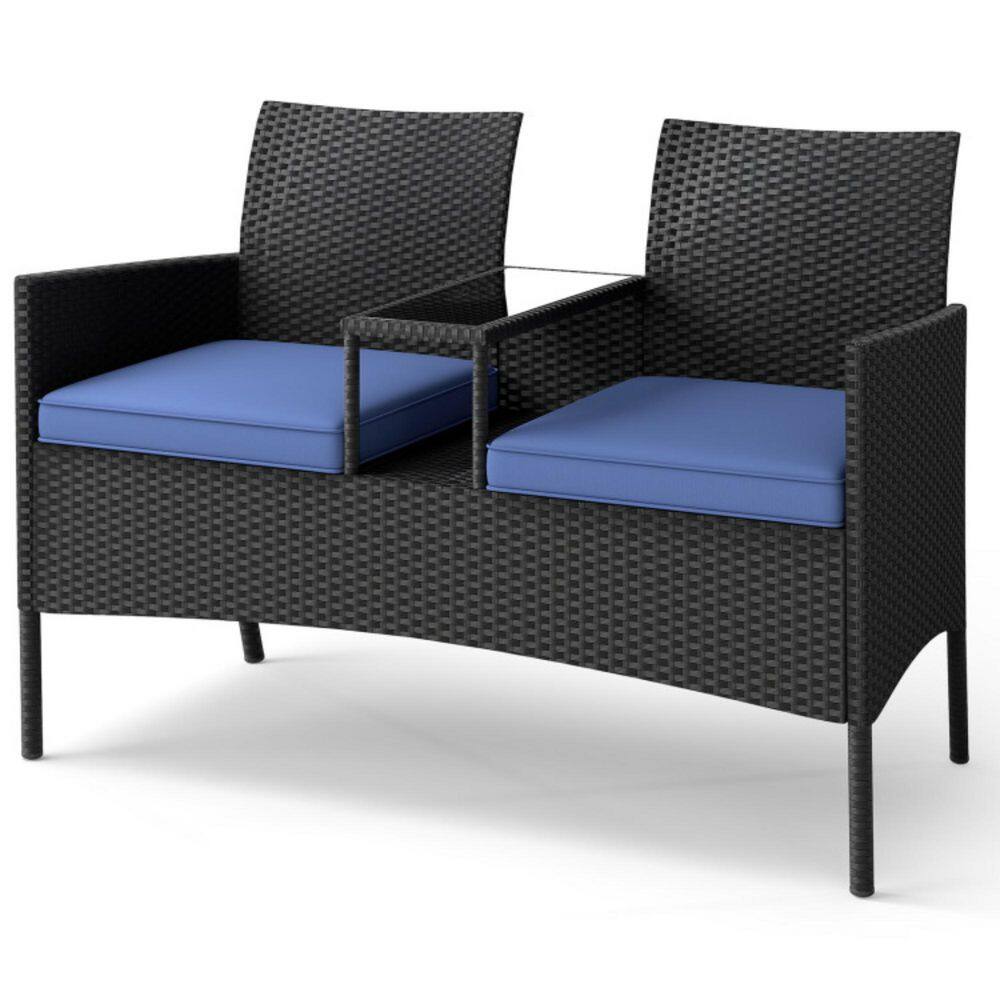 1-Piece Wicker Patio Conversation Set with Loveseat, 2-Tier Storage Built-in Table and Navy Cushions price history on PriceWatchPro