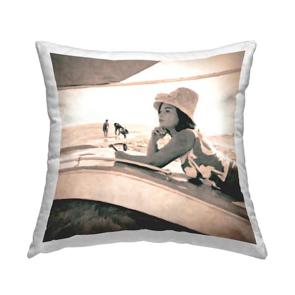 Stupell Industries Vintage Girl on Beach Off-White Print Polyester 18 in. x 18 in. Throw Pillow