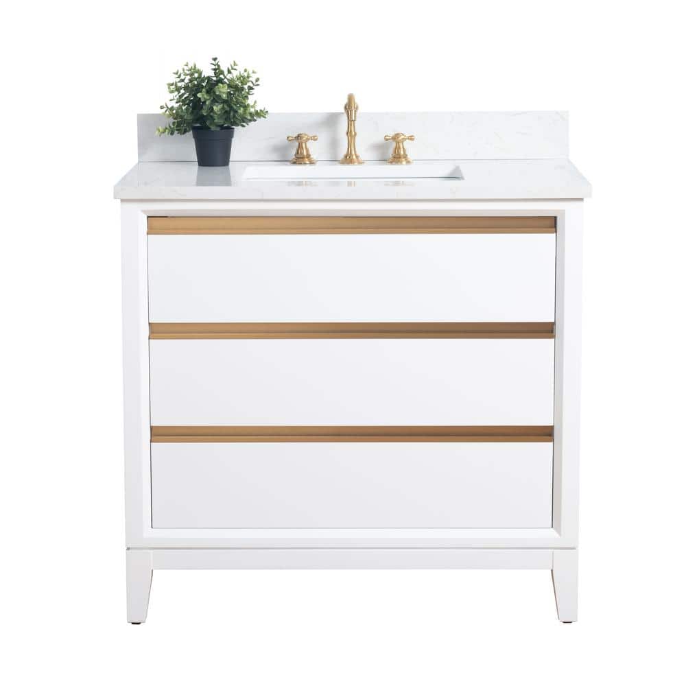 White and Gold 36" Freestanding Bathroom Vanity with Engineered Marble Top