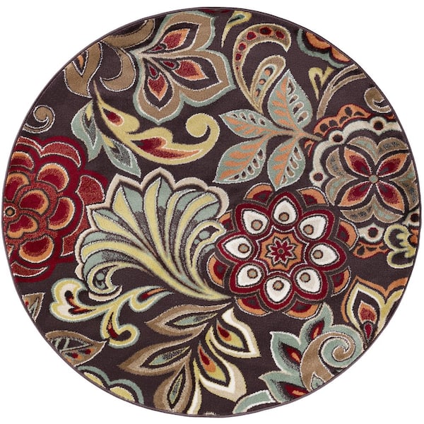 Tayse Rugs Deco Abstract Brown 6 ft. Round Indoor Area Rug