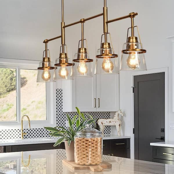 LNC Mid-Century Modern 38 in. 5-Light Chandelier Plated Brass Ceiling Light with Bell Clear Glass Shade