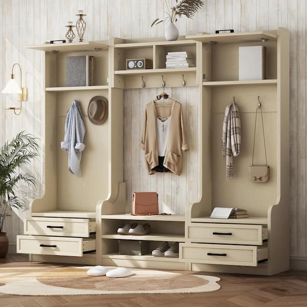 XUJMK 78 in. W x 16 in. D x 70 in. H Beige Linen Cabinet, 4-in-1 Detachable Hall Tree, Multiple Functions Hallway Coat Rack