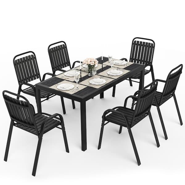 6-Person Patio Dining Set, Stackable Chairs and Rectangular Steel Table with Umbrella Hole