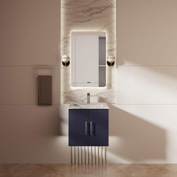 Geneva 24 in. W x 22 in. D Single Bath Vanity Cabinet without Top in Navy Blue with Mirror Assembled
