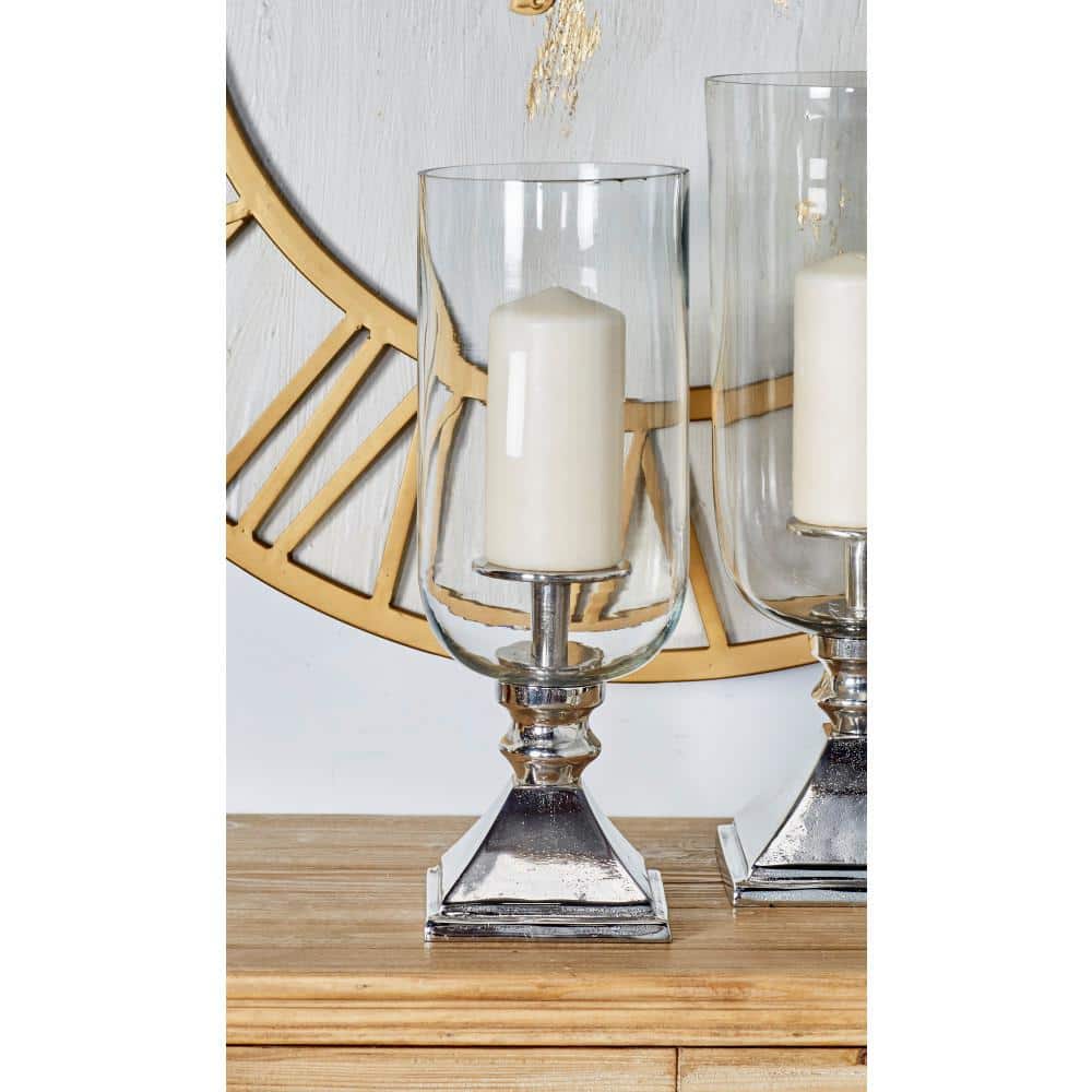 17" Silver Aluminum and Glass Hurricane Candle Holder