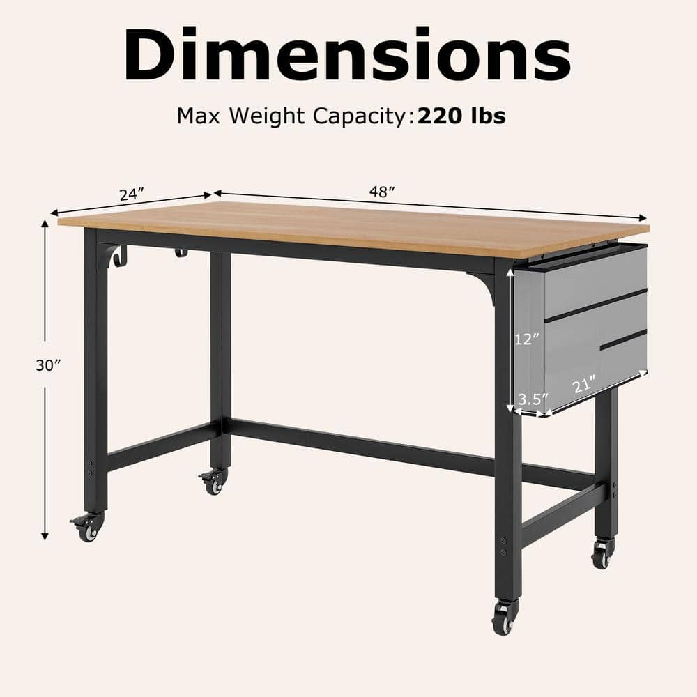 Modern Dark Brown Particleboard Rolling Computer Desk with Metal Frame