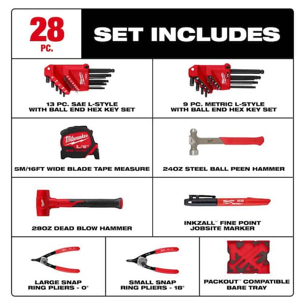 Milwaukee Hex Key and Hammer Set with Tray for PACKOUT Drawers (28