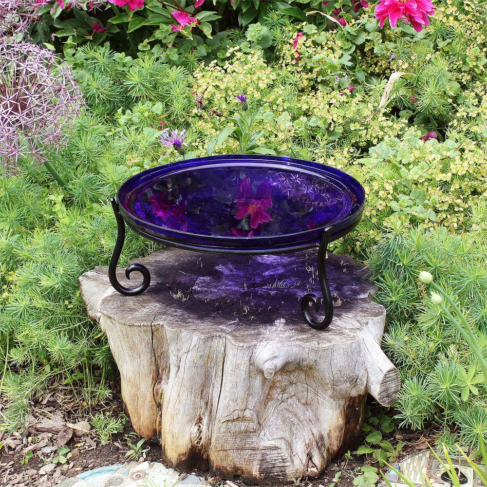 Cobalt Blue Hand Blown Glass Birdbath with Wrought Iron Stand