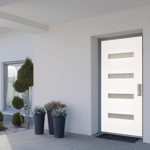 36 in. x 80 in. Water Wave Smooth White Left-Hand Inswing 4 Lite Rain Fiberglass Prehung Front Door