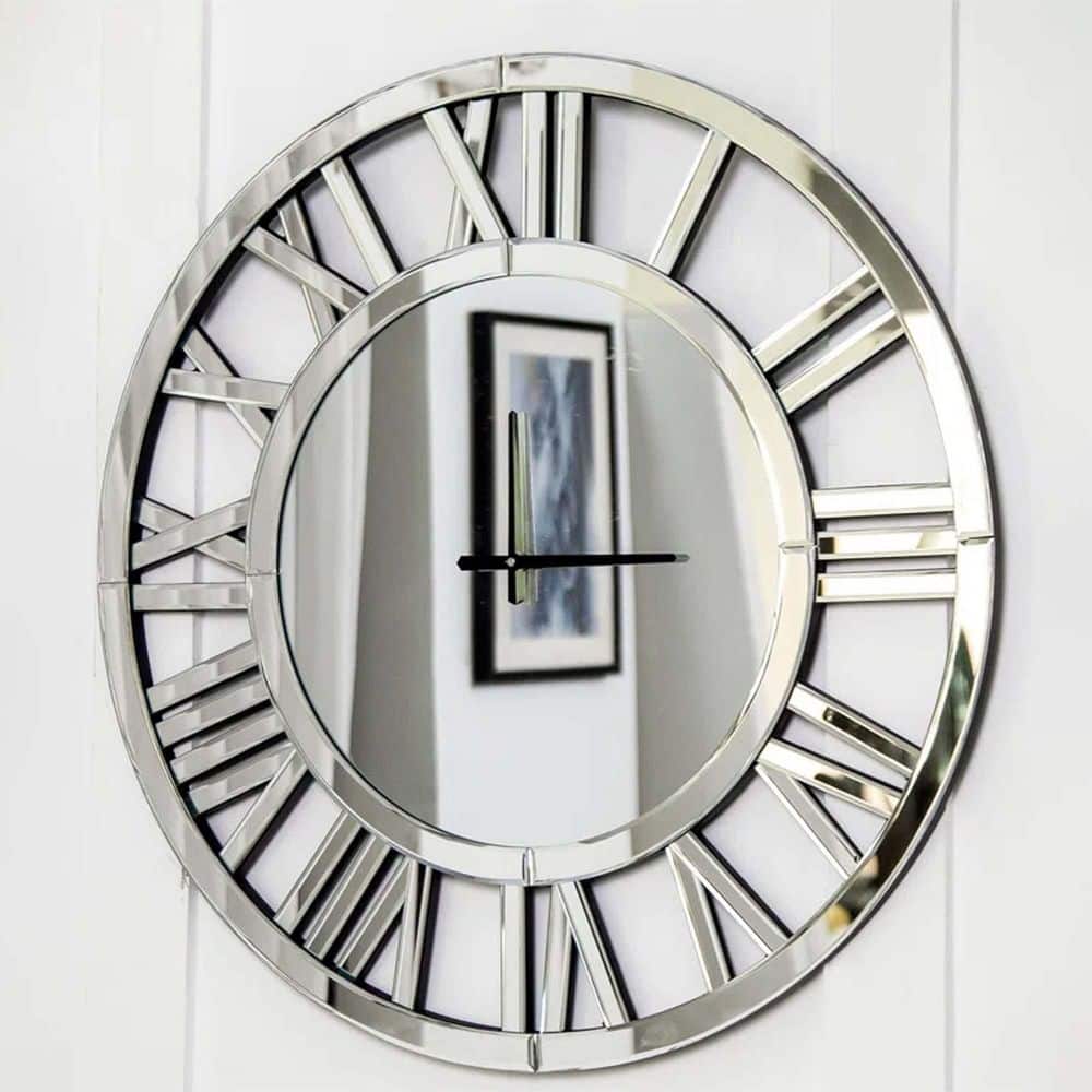 23.62 in. W x 23.62 in. H Round Metal Framed Silver Mirror Wall Clock for L
