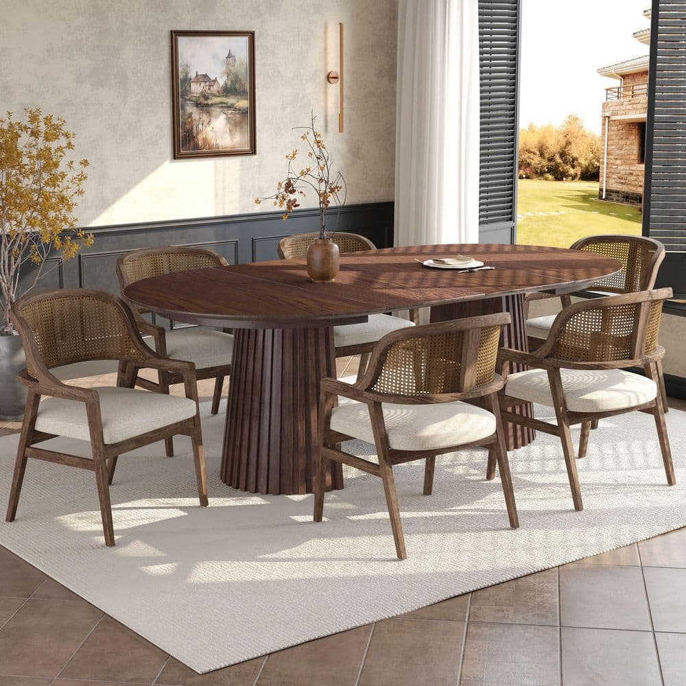 Blythe 7-Piece Beige Plus Walnut Wood Top Extendable Dining Set with Fabric Upholstered Dining Chairs, Seats 6