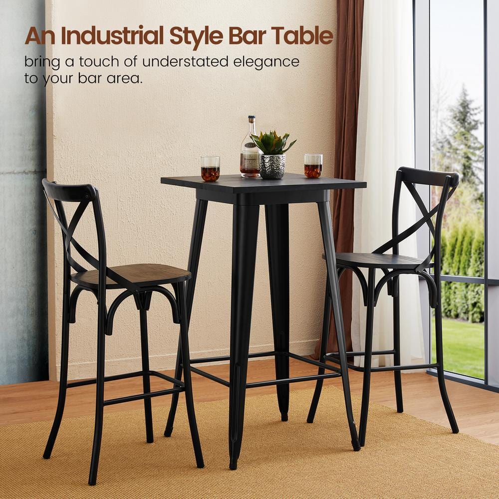 Black Steel Square Bar Table with Elm Wood Top